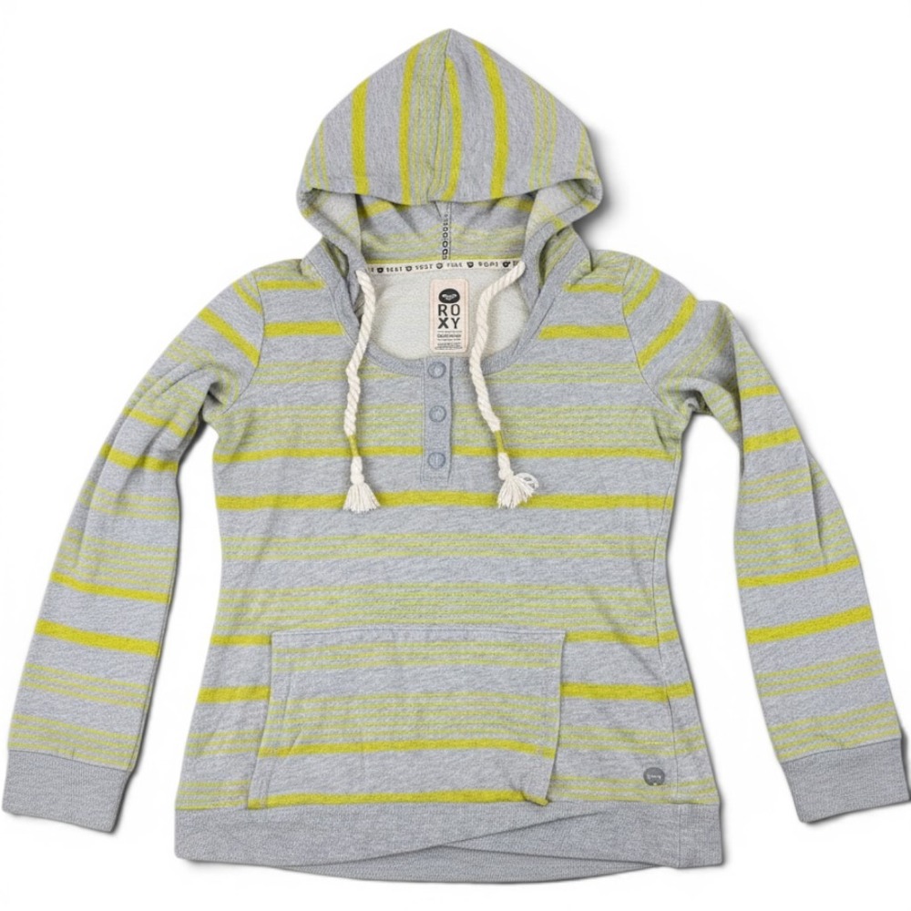 Roxy Womens Striped Hoodie Grey Lime Green Button Placket Size M